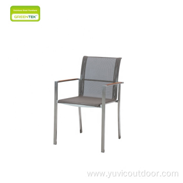 Dining Chair Stainless Steel Teslin With Teak Armrests